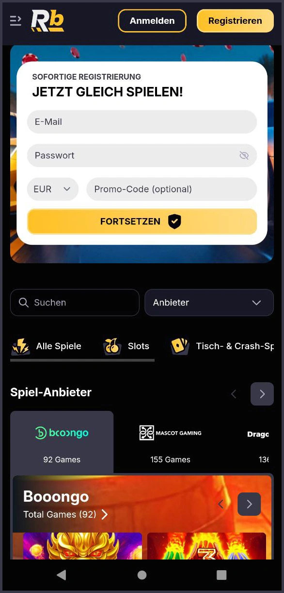 Optimierte mobile Version der RoiBets Casino-Website
