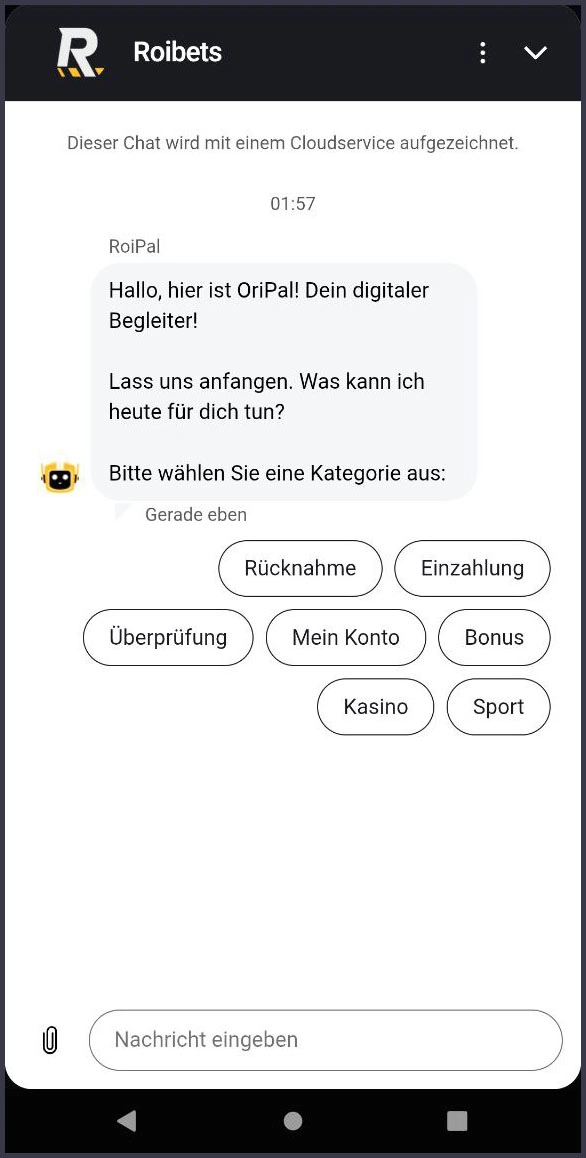 Live-Chat Support bei RoiBets Casino